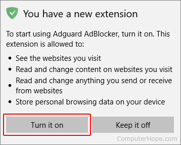 Bouton pour activer une nouvelle extension dans Microsoft Edge.