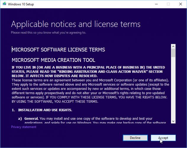 Contrat de licence pour l'outil de création de médias Windows 10