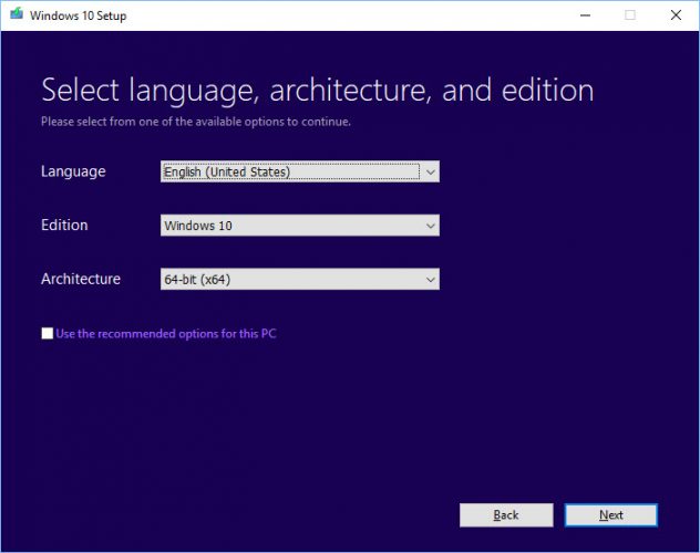 Sélectionnez l'architecture linguistique et l'édition Windows 10 Setup