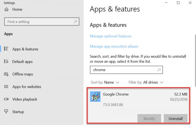 Vérification de la version Chrome à l'aide des applications et des fonctionnalités Windows