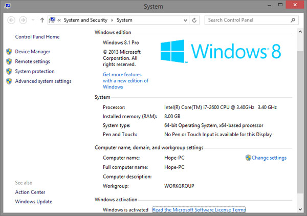 Propriétés du système Windows 8