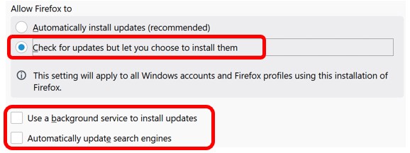 Section de Firefox où vous pouvez choisir vos options de mise à jour.