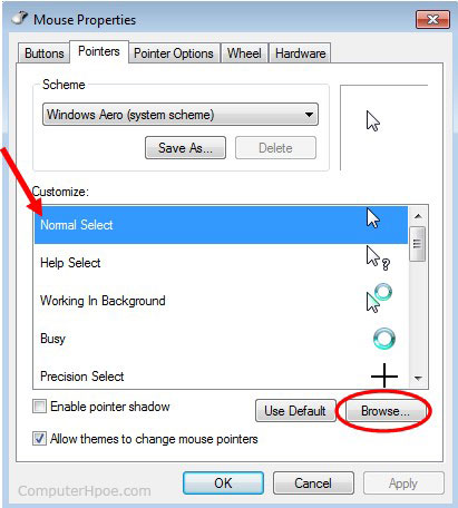 Propriétés de la souris Windows - modification du pointeur unique