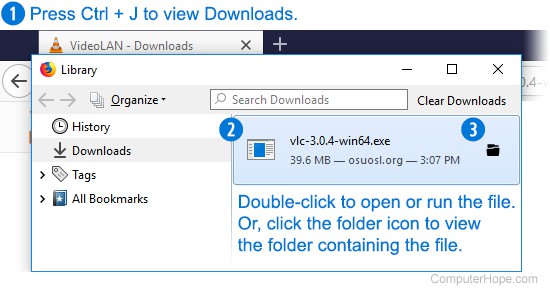 Fenêtre de téléchargement de Firefox (Bibliothèque) dans Windows 10.