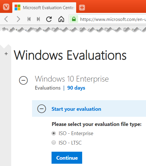 Sélectionnez le type de fichier ISO d'évaluation de l'entreprise Windows 10