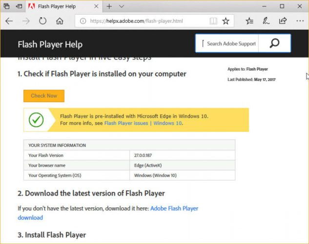 Vérifiez la version de Flash Player dans le navigateur Microsoft Edge
