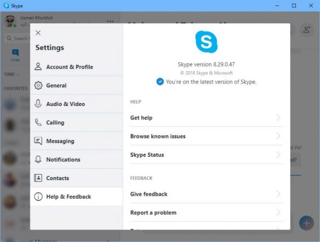 Skype 8 29 Fenêtre d'aide et de commentaires