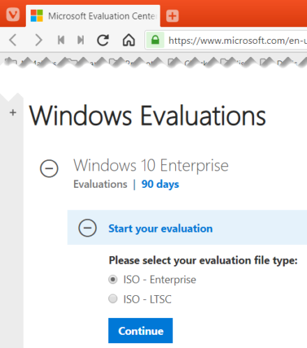 Sélectionnez le type de fichier ISO d'évaluation de l'entreprise Windows 10