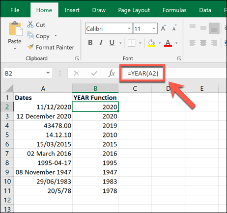 Exemples de la fonction YEAR utilisée dans Microsoft Excel