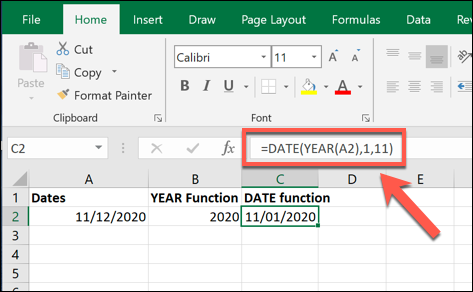 Un exemple de valeur de la formule DATE, créée à l'aide de la valeur créée par une formule ANNÉE dans Excel