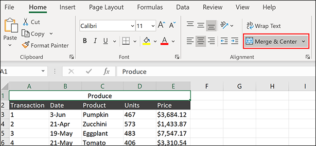Cliquez sur "Fusionner et centrer" dans Excel