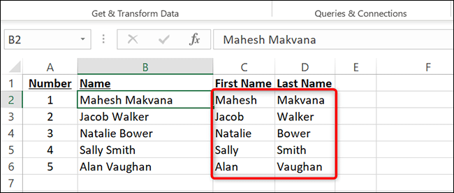 Prénom et nom séparés dans Excel.