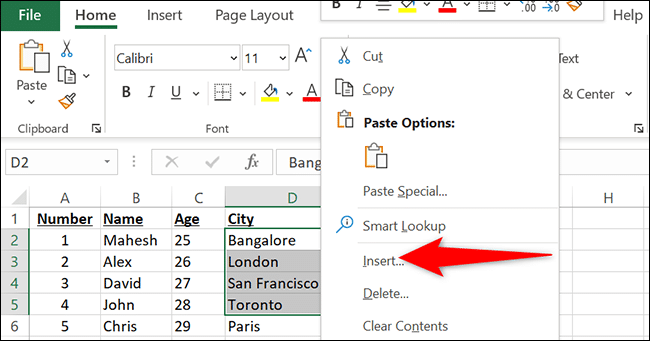 Cliquez avec le bouton droit sur une ligne sélectionnée et choisissez "Insérer" dans le menu d'Excel.