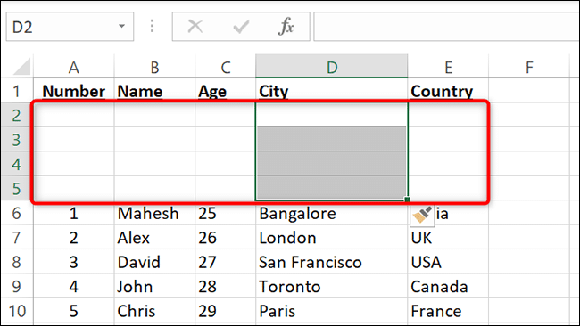 Nouvelles lignes ajoutées dans Excel.