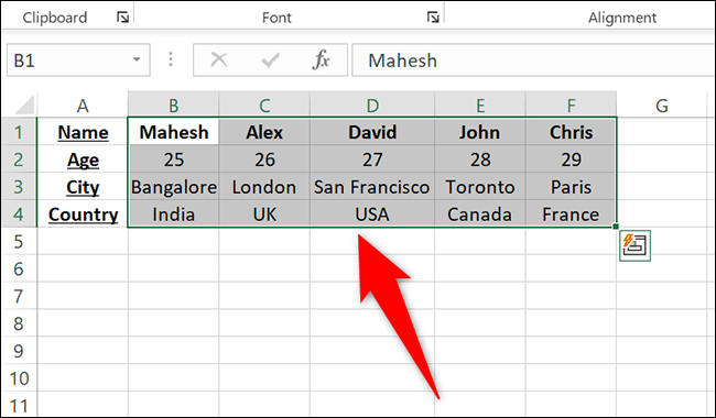 Sélectionnez le tableau dans Excel.