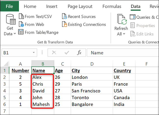 Une colonne alphabétique dans Excel.