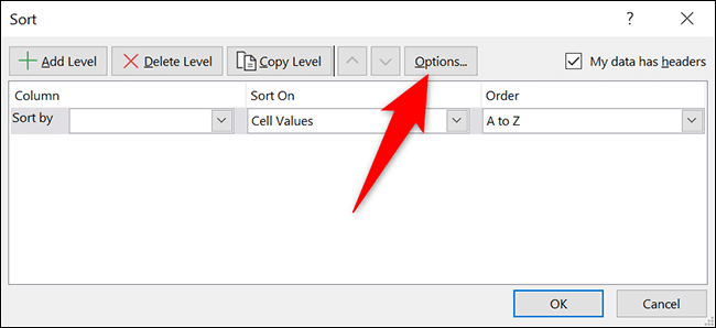 Cliquez sur "Options" sur le "Sorte" fenêtre dans Excel.