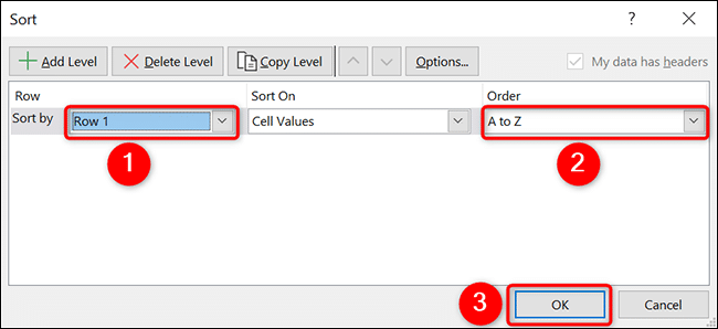 Configurez les options de tri sur le "Sorte" fenêtre dans Excel.