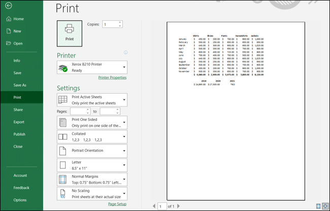 Print preview in Excel
