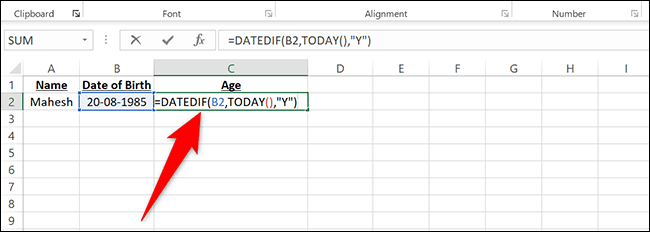 Tapez =DATEIF(B2,AUJOURD'HUI(),"Oui") dans la cellule C2 et appuyez sur Entrée dans Excel.