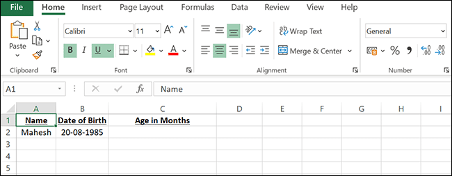 Un exemple de feuille de calcul pour trouver l'âge en mois dans Excel.