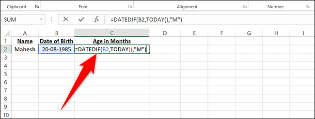 Entrez =DATESI(B2,AUJOURD'HUI(),"M") dans la cellule C2 d'Excel.