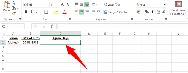 Cliquez sur la cellule C2 dans la feuille de calcul dans Excel.