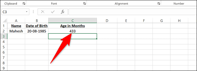 Âge en mois dans Excel.