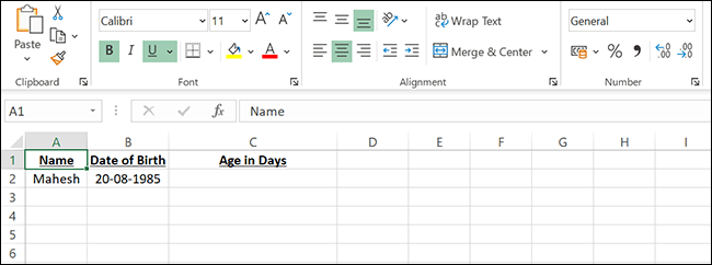 Un exemple de feuille de calcul pour trouver l'âge en jours dans Excel.