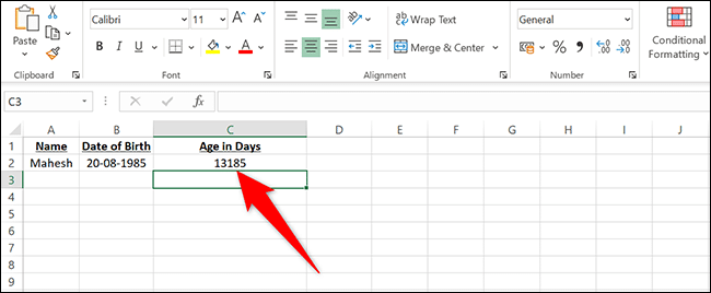 Âge en jours dans Excel.
