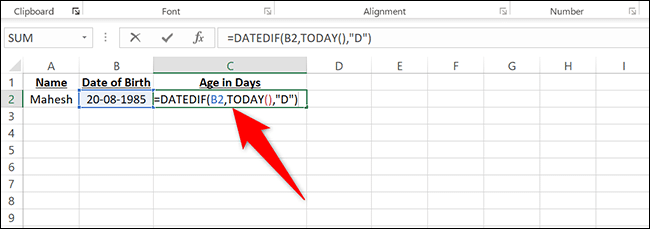 Tapez =DATEIF(B2,AUJOURD'HUI(),"ré") dans la cellule C2 d'Excel.