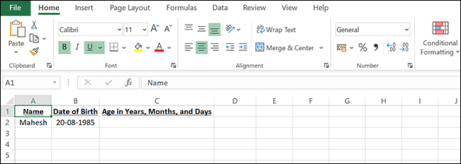 Un exemple de feuille de calcul pour trouver l'âge en années, mois et jours dans Excel.