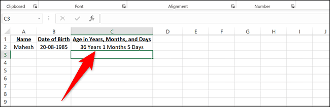 Âge en années, mois et jours dans Excel.