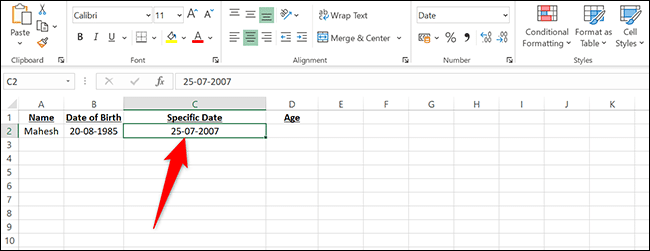 Une date spécifique dans la cellule C2 d'Excel.