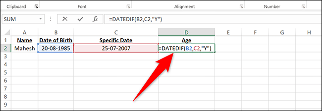 Entrez =DATEIF(B2,C2,"Oui") dans la cellule D2 d'Excel.