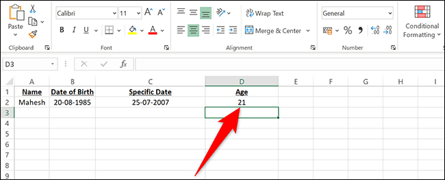 Âge à une date précise dans la cellule D2 d'Excel.