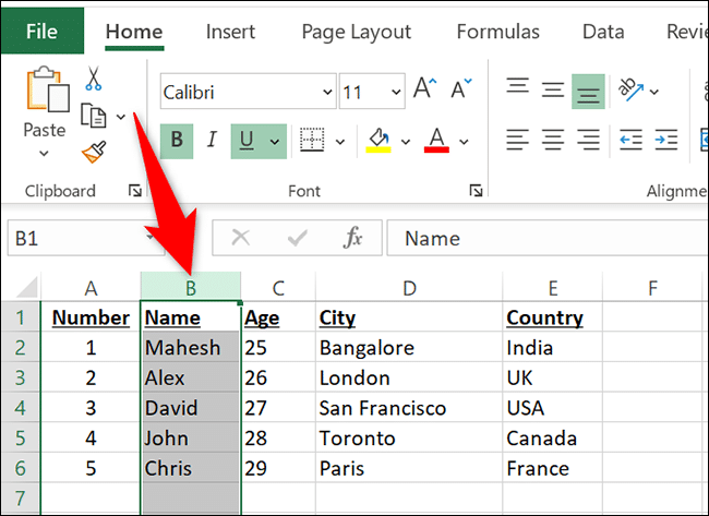Sélectionnez une colonne dans Excel.