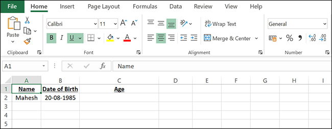 Un exemple de feuille de calcul pour trouver l'âge en années dans Excel.