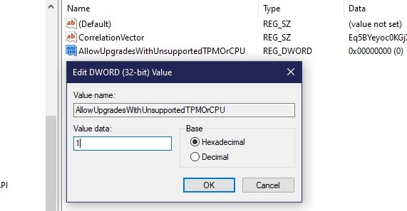 Installation de Windows 11 sur des PCs non pris en charge Mosetup Dword Value