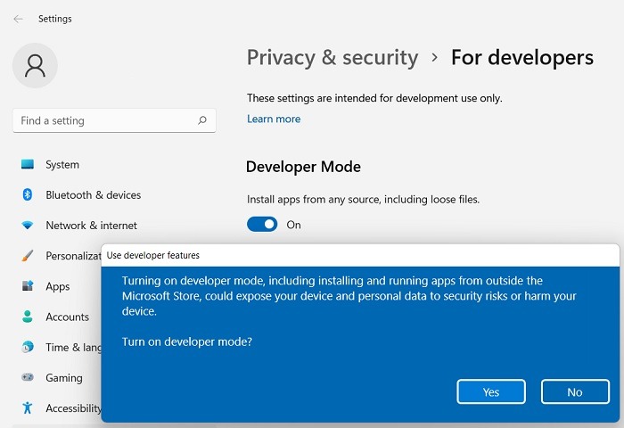 Google Play Windows11 Développeur Mode 1
