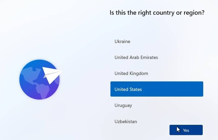 Win11 sans Microsoft Sélectionnez le pays