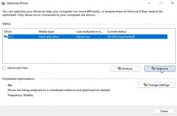 Façons de vérifier la santé du disque dur dans Windows 11 Defrag Optimize