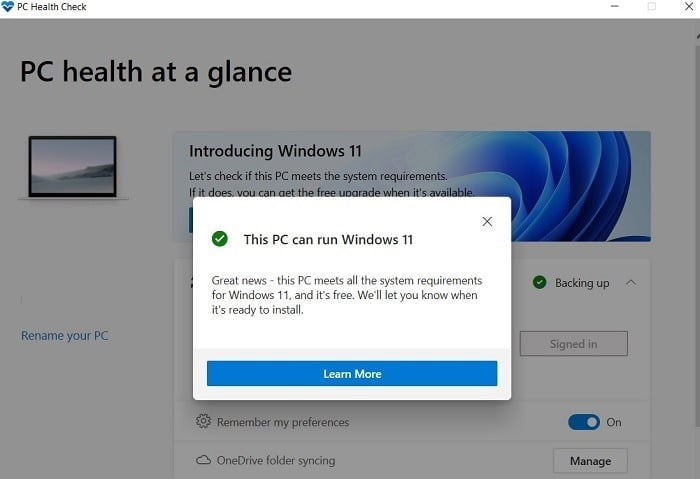 Windows11 Installer l'assistant d'installation Santé du PC Ok