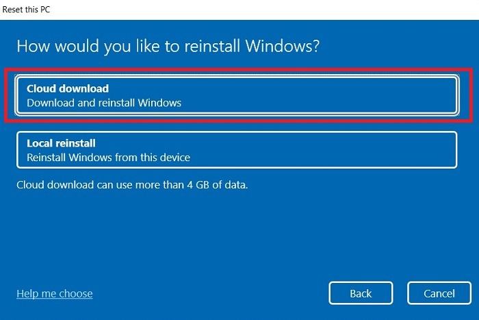 Windows11 Coincé Recherche Réinitialiser Téléchargement Cloud