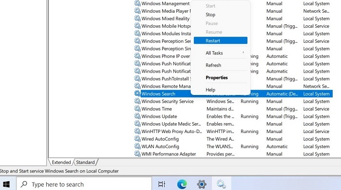 Redémarrage de la recherche bloquée de Windows11