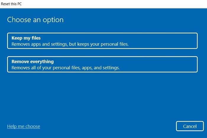 Windows11 Coincé Recherche Réinitialiser les fichiers Garder Supprimer