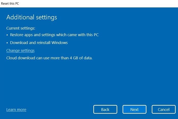 Recherche bloquée Windows11 Réinitialiser les paramètres supplémentaires