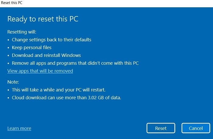 Windows11 bloqué recherche réinitialisation prêt à faire