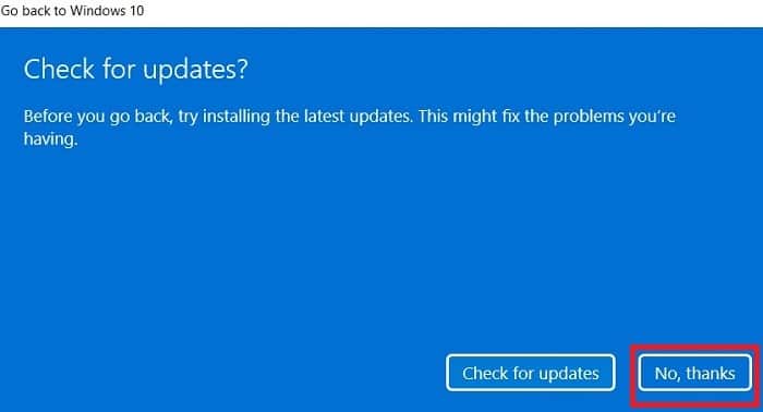 Vérification des mises à jour de Windows11 Roll Back Windows10