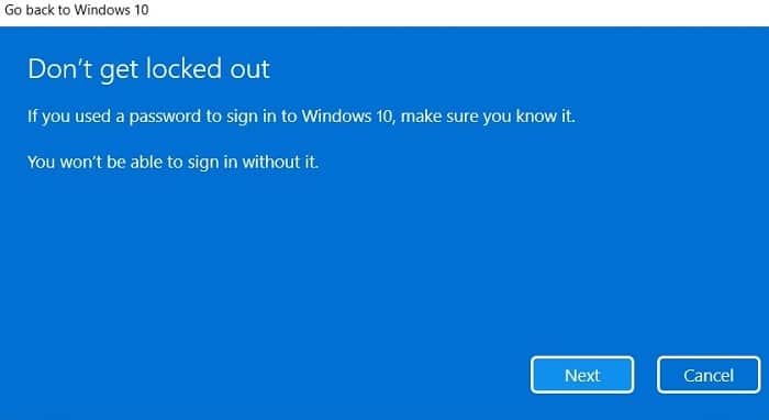 Windows11 Roll Back Avertissement de mot de passe Windows10